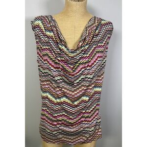 Jennie & Marlis Women's Y2K Blouse Top Cowl Neck Slinky Stretch Geometric Large